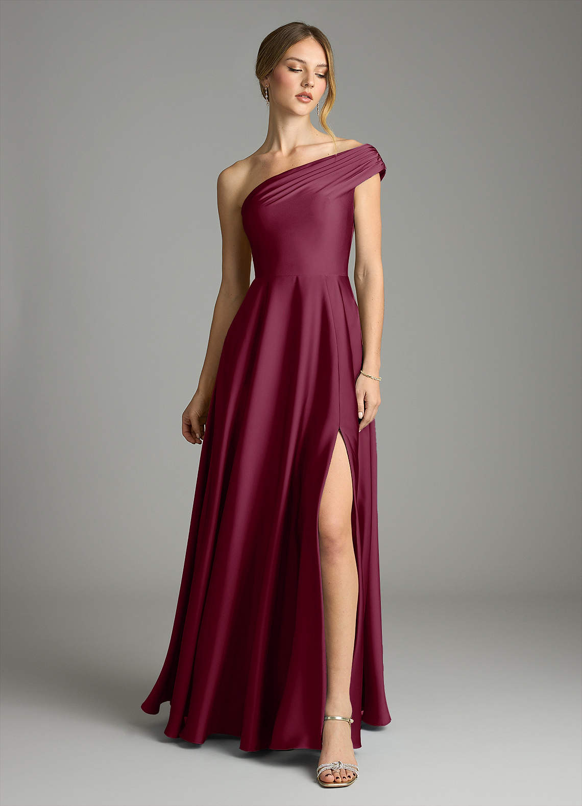 Melanie A-Line One-Shoulder Stretch Satin Bridesmaid Dress in Mulberry