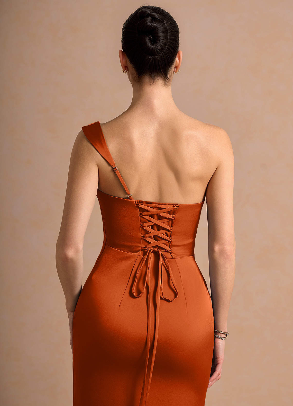 Cassiopeia One-Shoulder Draped Stretch Satin Evening Dress in Rust