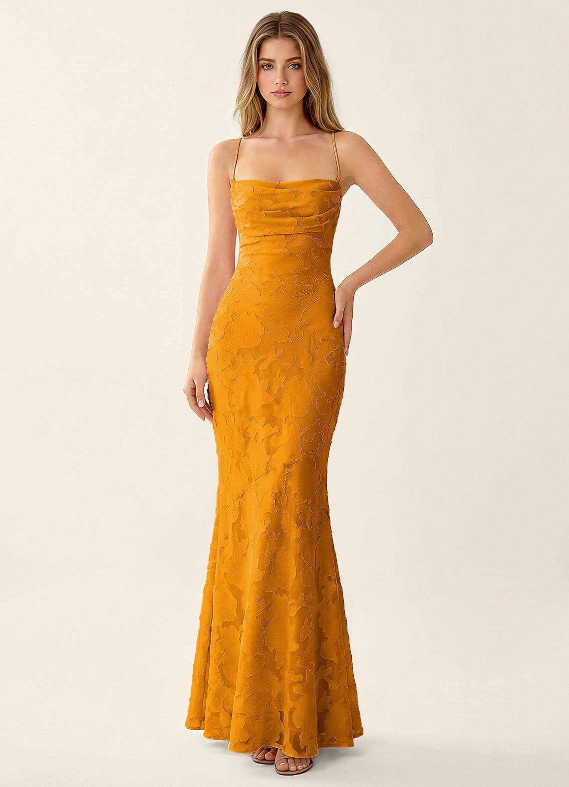 Natasha Mermaid Spaghetti-Strap Floral Burnout Evening Dress in butterscotch