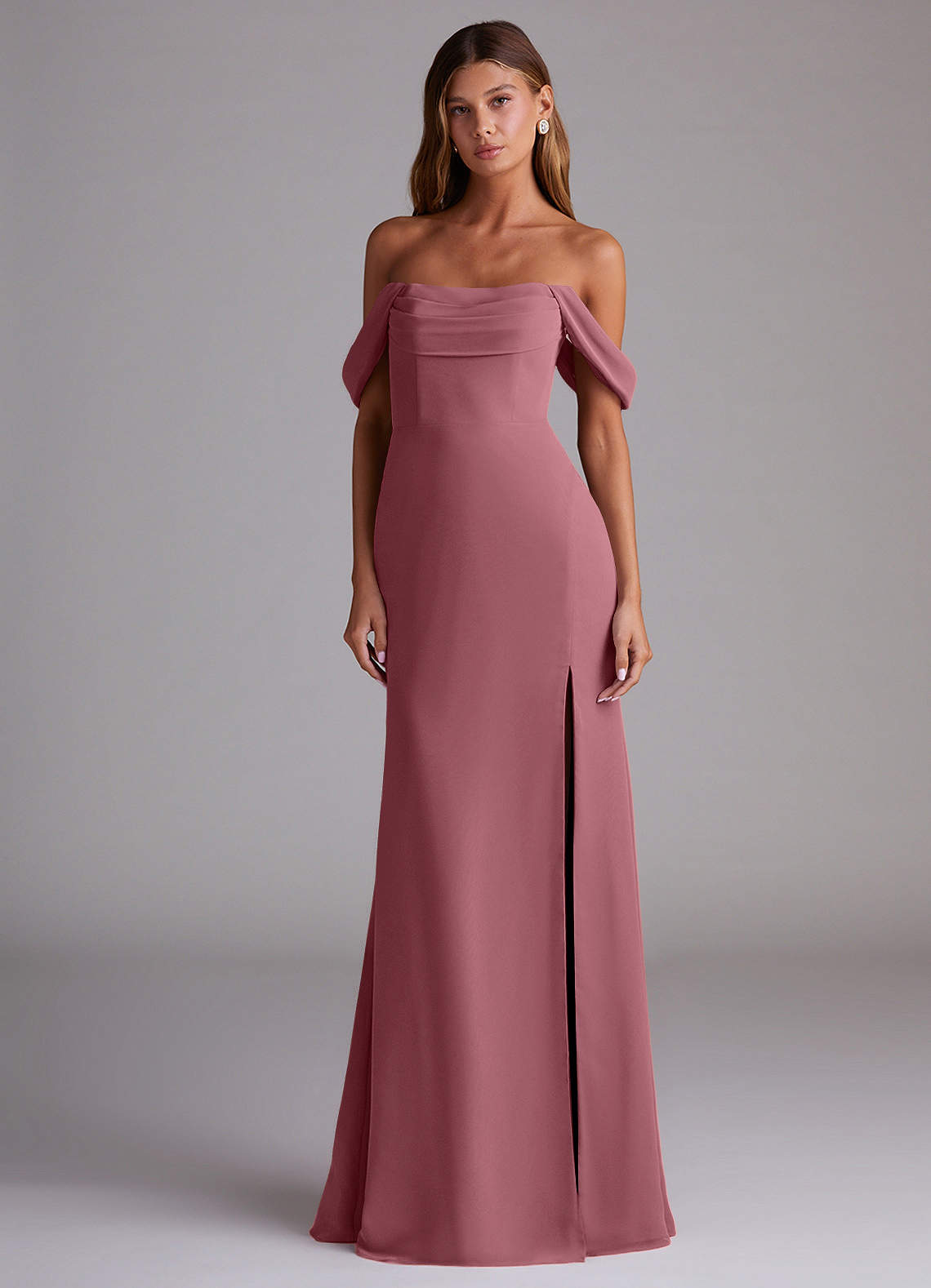 Saige A-Line Off-the-Shoulder Chiffon Bridesmaid Dress in Desert Rose