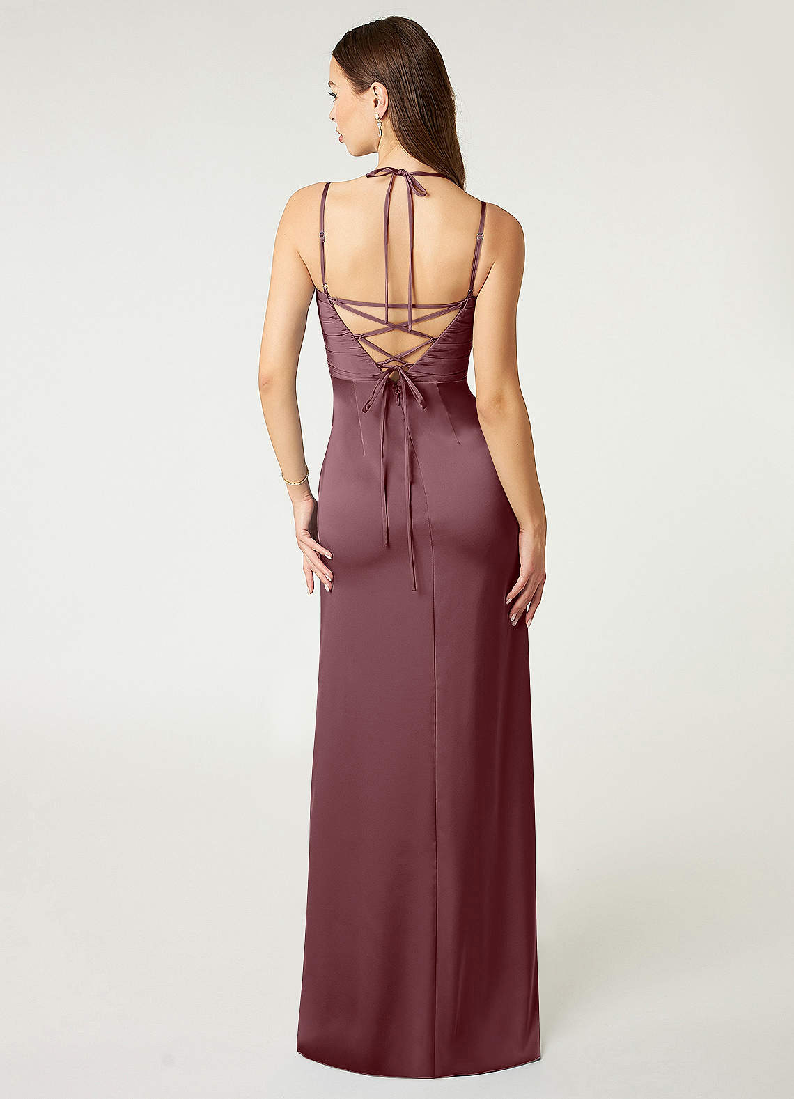 Desi Sheath Halter Stretch Satin Bridesmaid Dress in Sangria