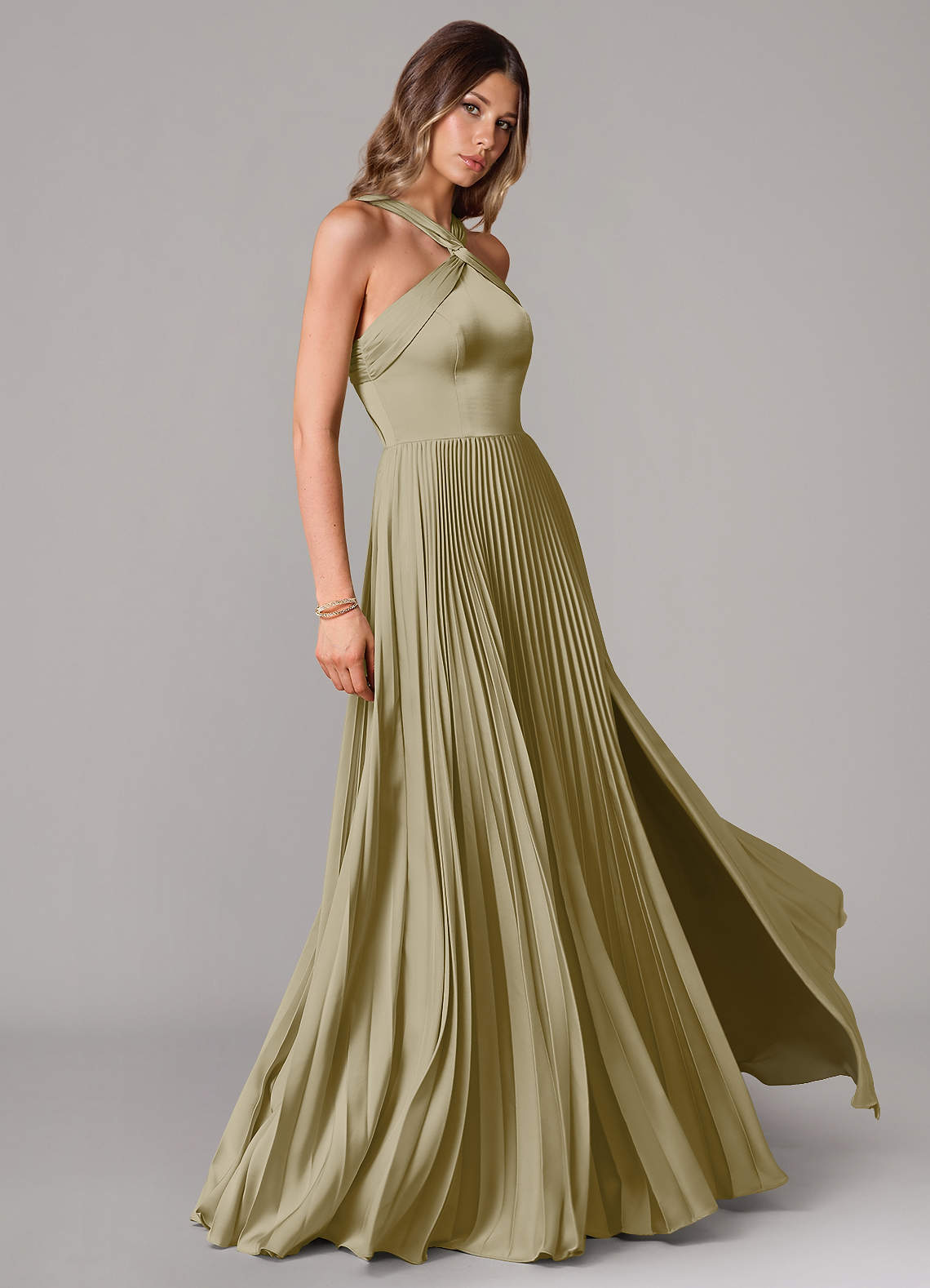 Afra A-Line Halter-Neck Stretch Satin Bridesmaid Dress in Moss Green