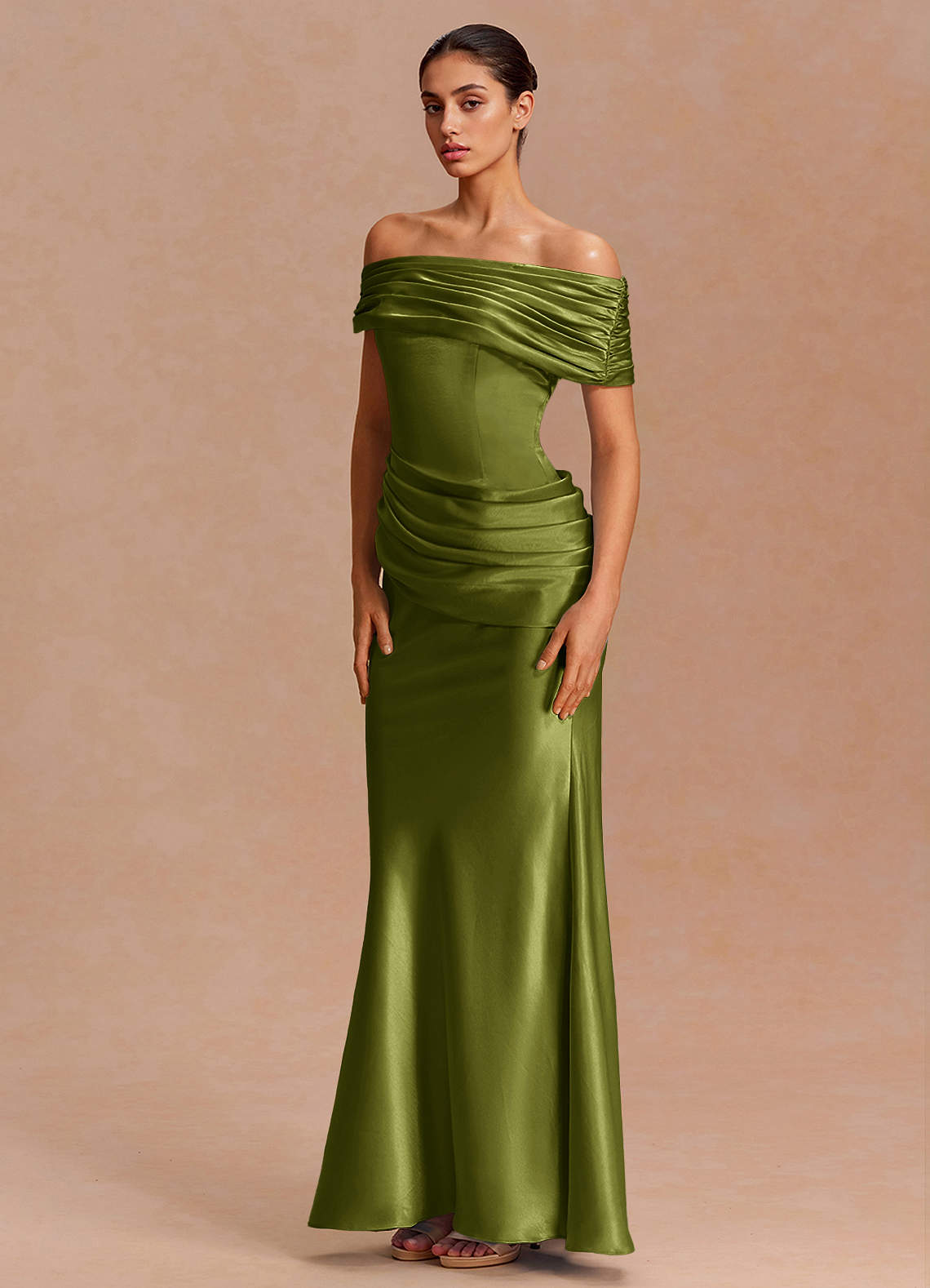 Leonie Strapless Draped-Shoulder Satin Evening Dress in Olive