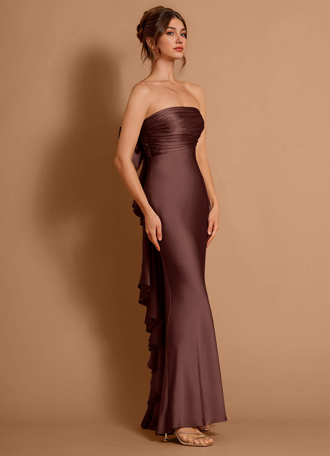 Aveline Mermaid Strapless Stretch Satin Evening Dress in Mocha Coco