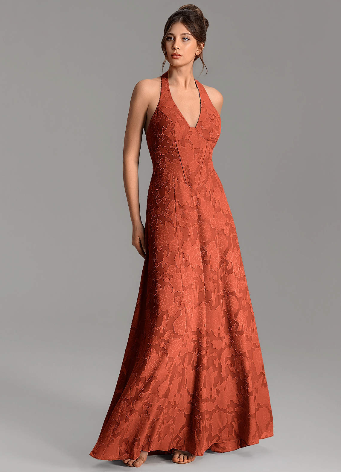 Nia A-Line V-Neck Floral Burnout Bridesmaid Dress in Auburn