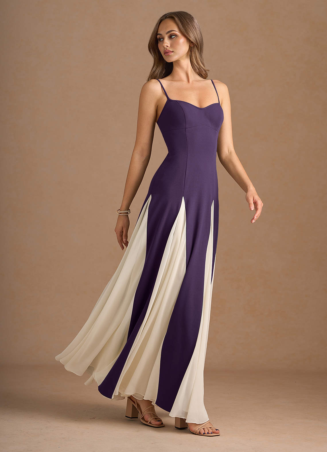 Jessenia A-Line Color-Block Crepe Chiffon Wedding Guest Dress in Dark Purple