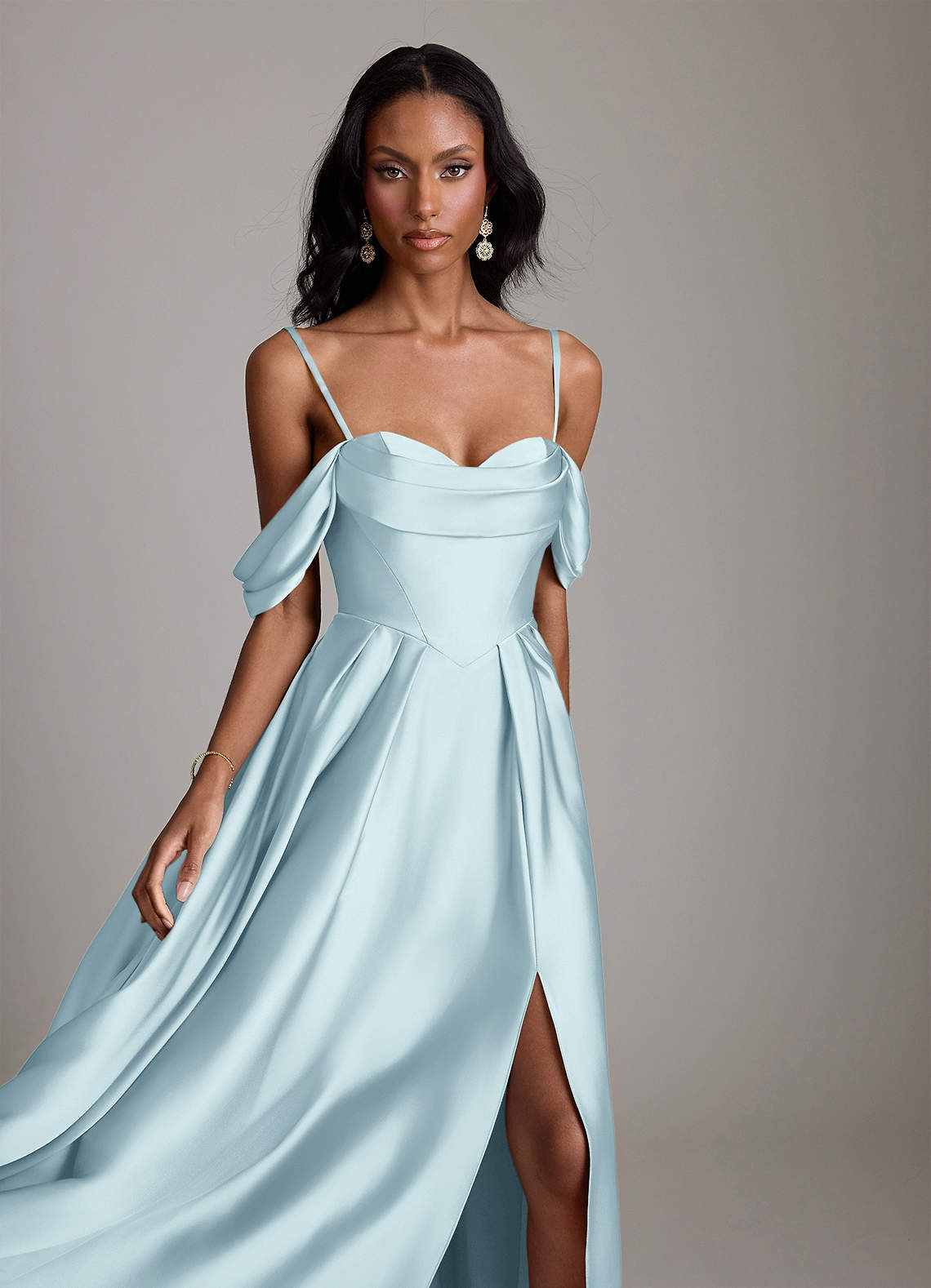 Loisa A-Line Off-the-Shoulder Stretch Satin Bridesmaid Dress in Cloud Blue