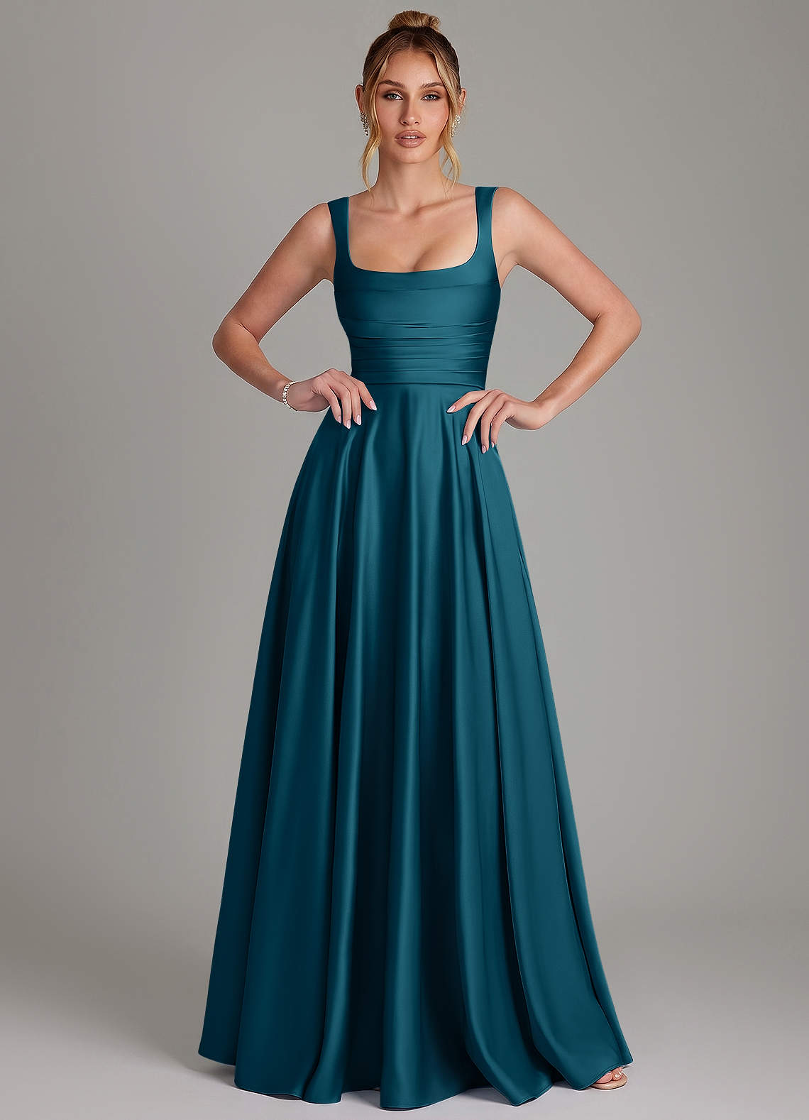 Azaria A-Line Square-Neck Stretch Satin Bridesmaid Dress in Ink Blue