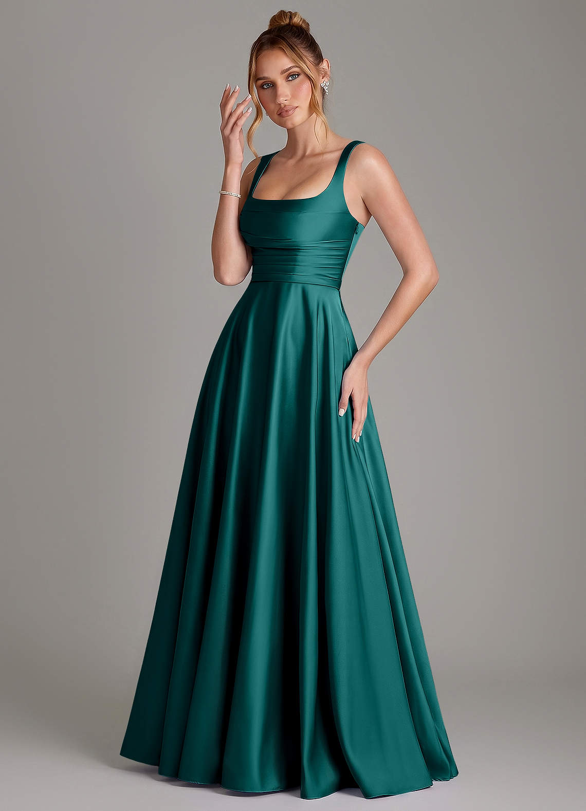 Azaria A-Line Square-Neck Stretch Satin Bridesmaid Dress in Peacock