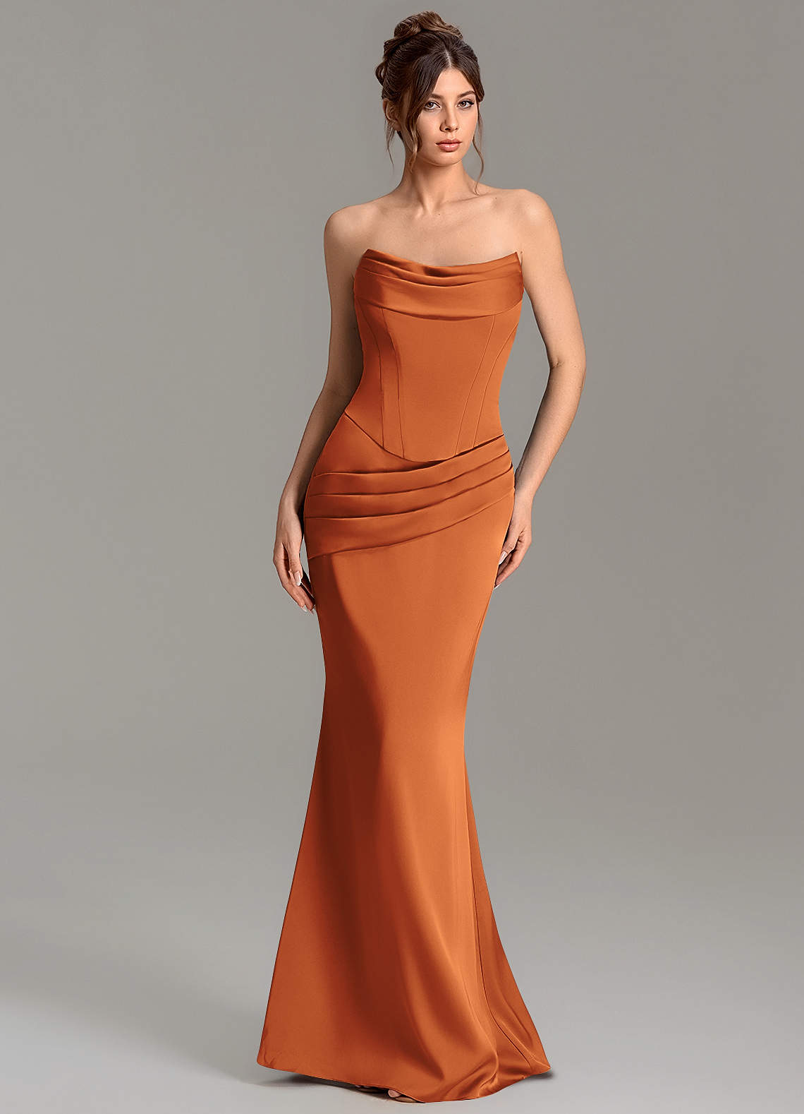 Adrienne Mermaid Cowl-Neck Stretch Satin Bridesmaid Dress in Cinnamon