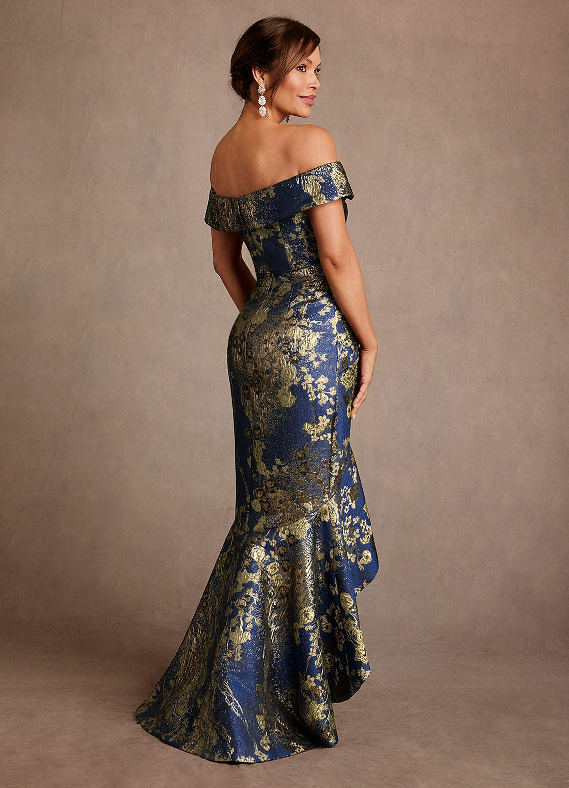 Winnetka Mermaid Off-the-Shoulder Jacquard Mother of the Bride Dress in Navy Floral