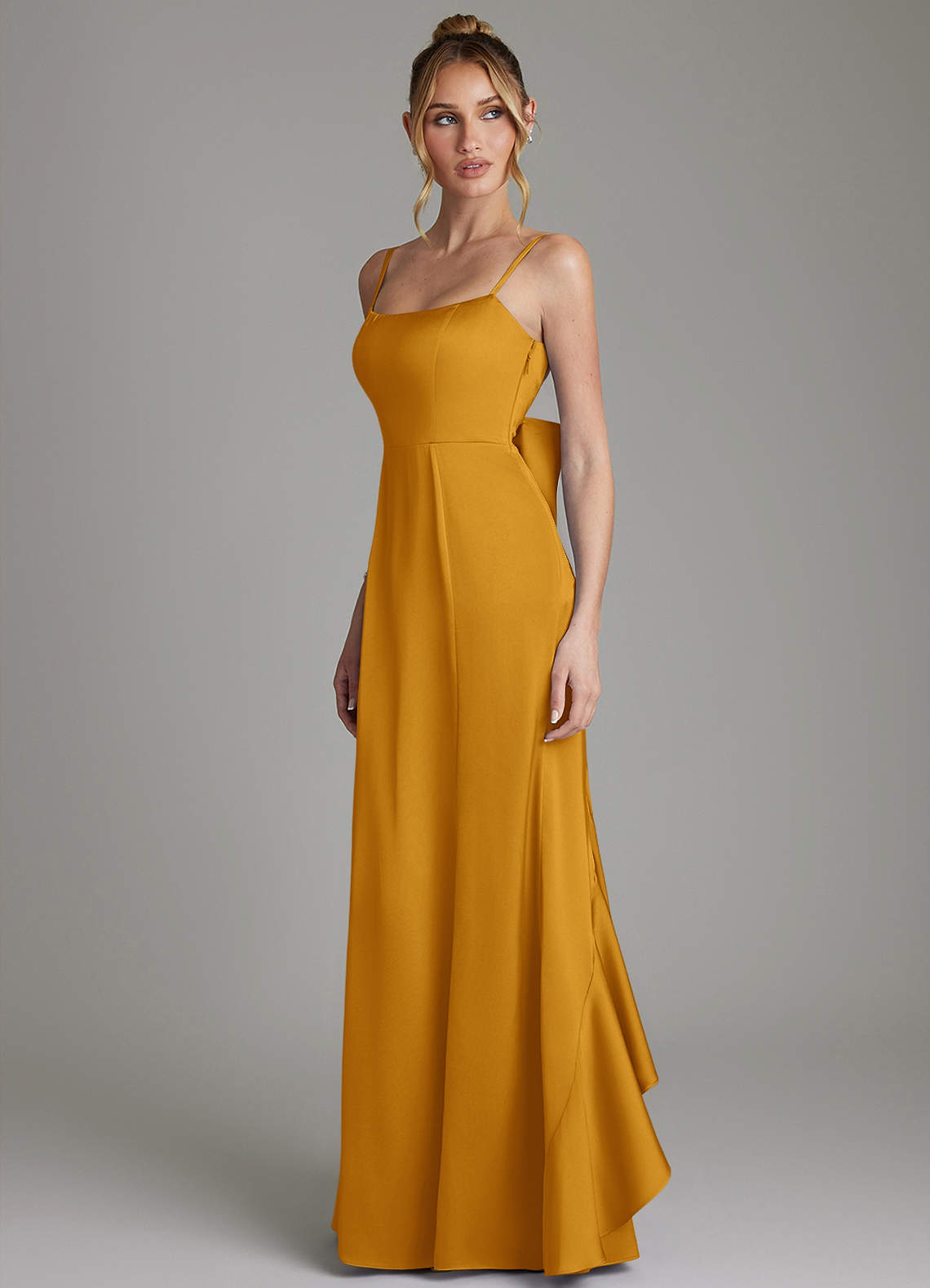 Zherra Mermaid Scoop-Neck Stretch Satin Bridesmaid Dress in butterscotch