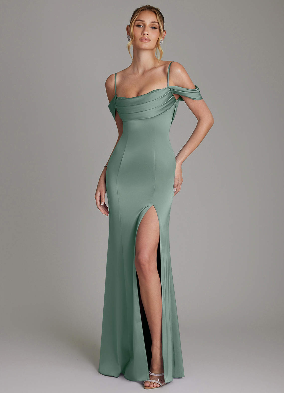 Nira Mermaid Sweetheart Stretch Satin Bridesmaid Dress in Silver Sage