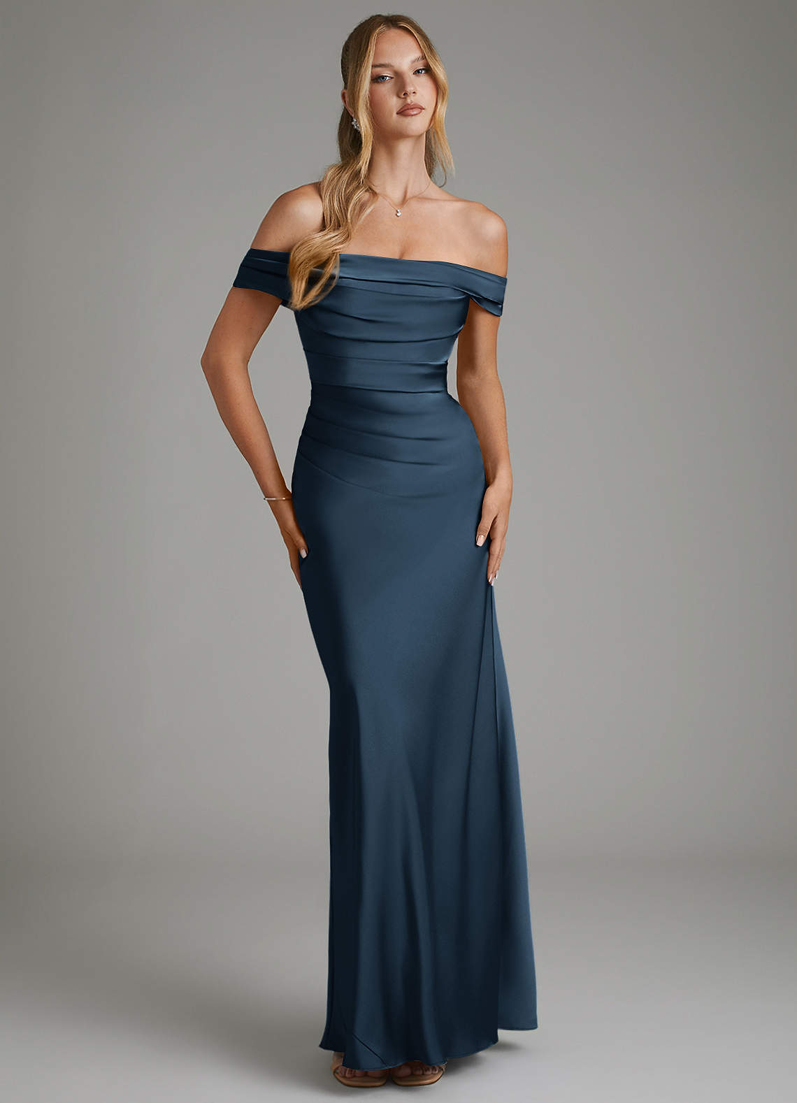 Hayden Mermaid Off-the-Shoulder Stretch Satin Bridesmaid Dress in Dark Navy