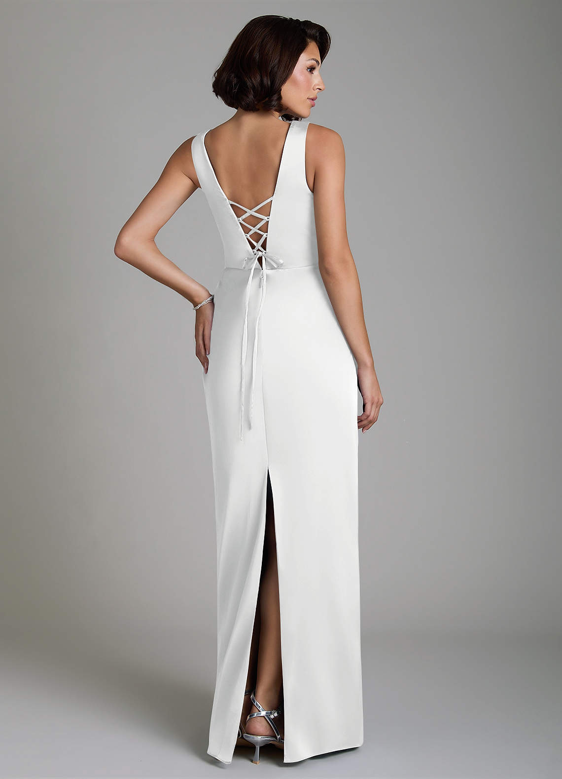 Vanya Sheath V-Neck Stretch Satin Bridesmaid Dress in white