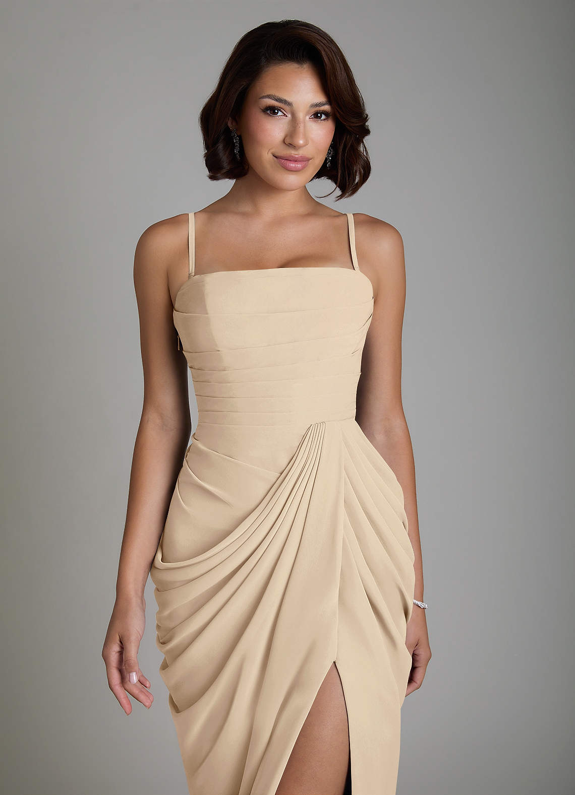 Nyra Sheath Strapless Chiffon Bridesmaid Dress in Champagne