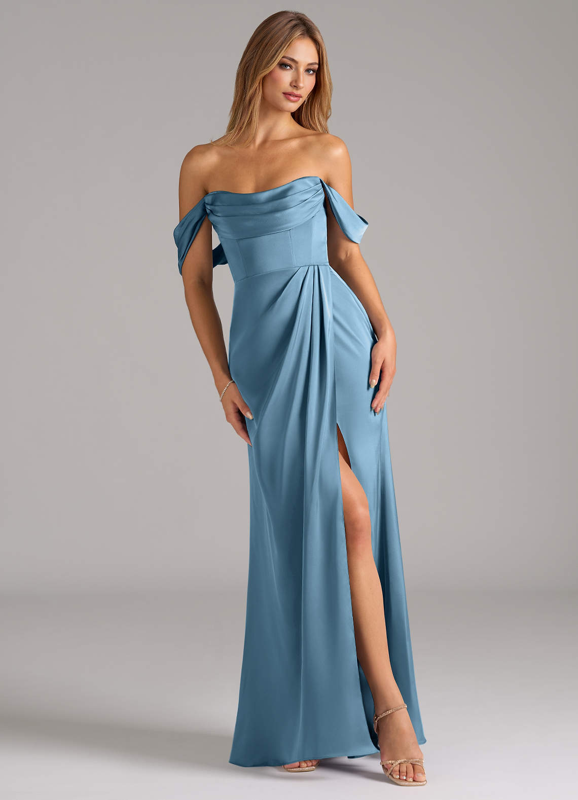 Johana Mermaid Off-the-Shoulder Stretch Satin Bridesmaid Dress in Steel Blue