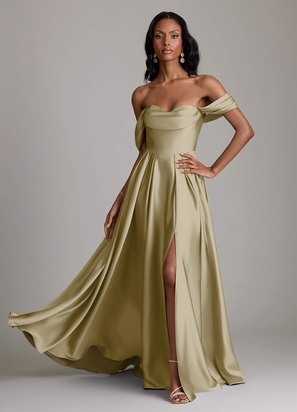 Loisa A-Line Off-the-Shoulder Stretch Satin Bridesmaid Dress in Moss Green