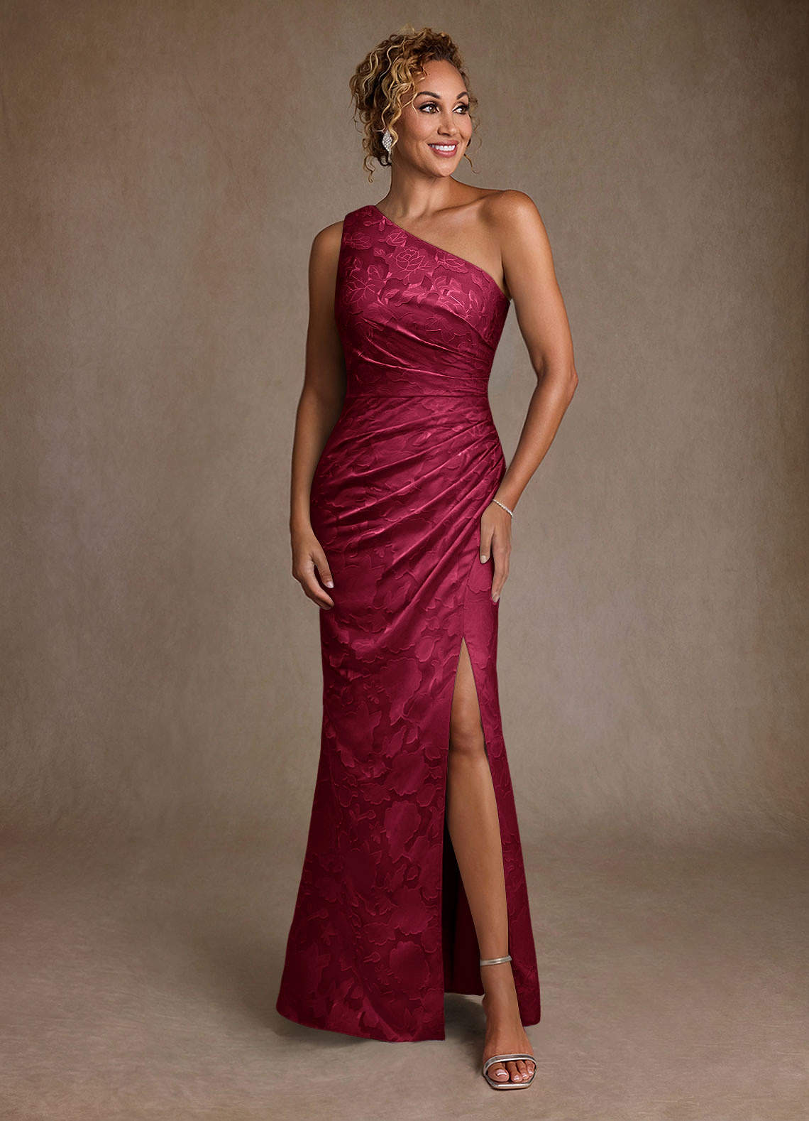 Joylin Trumpet One-Shoulder Floral Burnout Mother of the Bride Dress in Burgundy