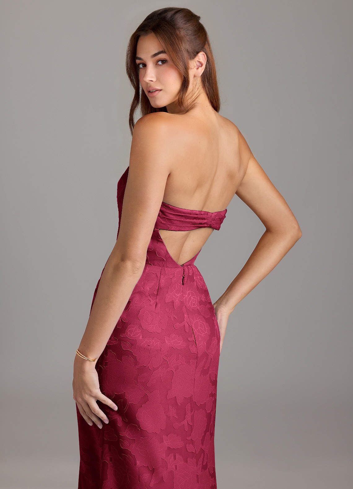 Leonis Sheath Strapless Floral Burnout Bridesmaid Dress in Burgundy