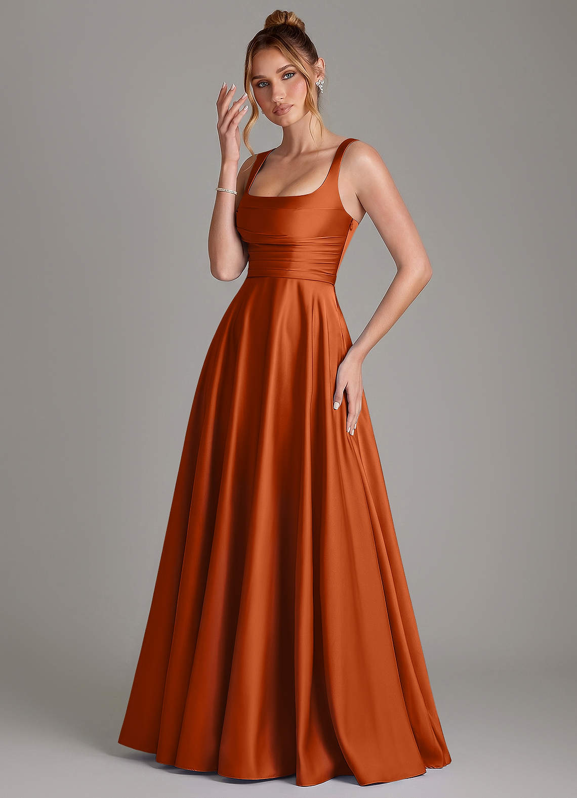 Azaria A-Line Square-Neck Stretch Satin Bridesmaid Dress in Burnt Orange
