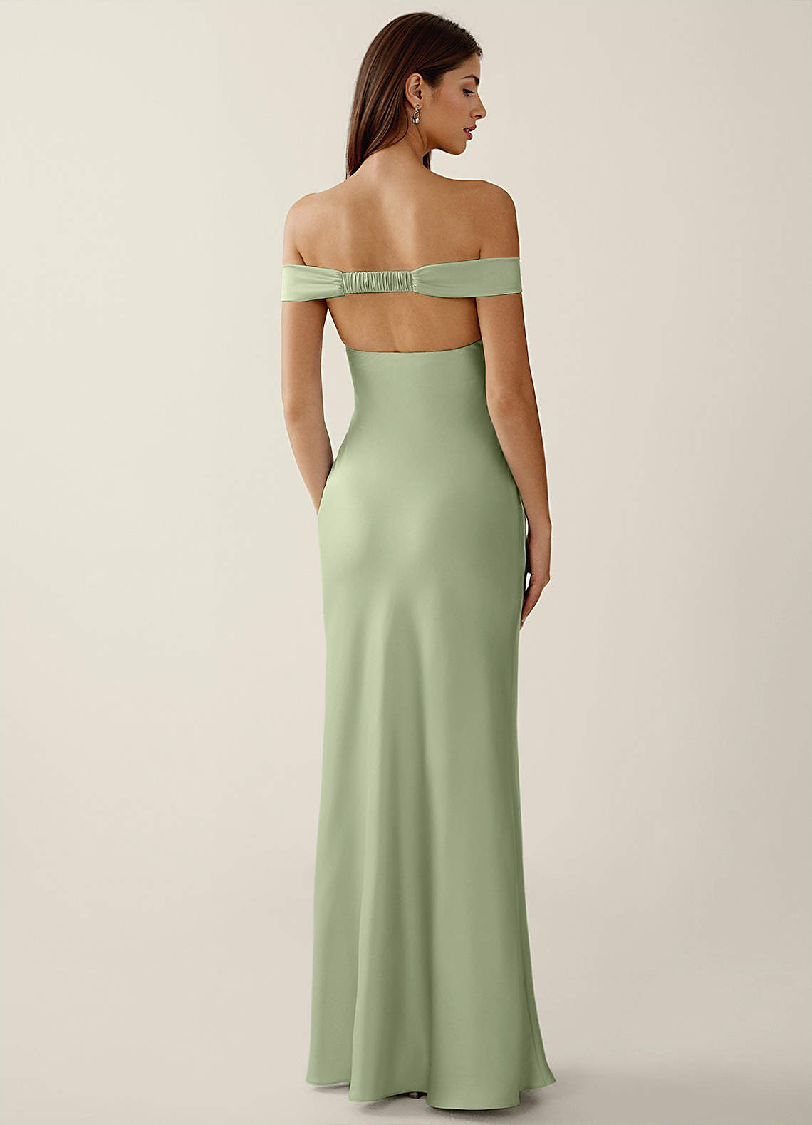 Gwendonme Sheath Off-the-Shoulder Satin Crystal Linen Evening Dress in Light Green
