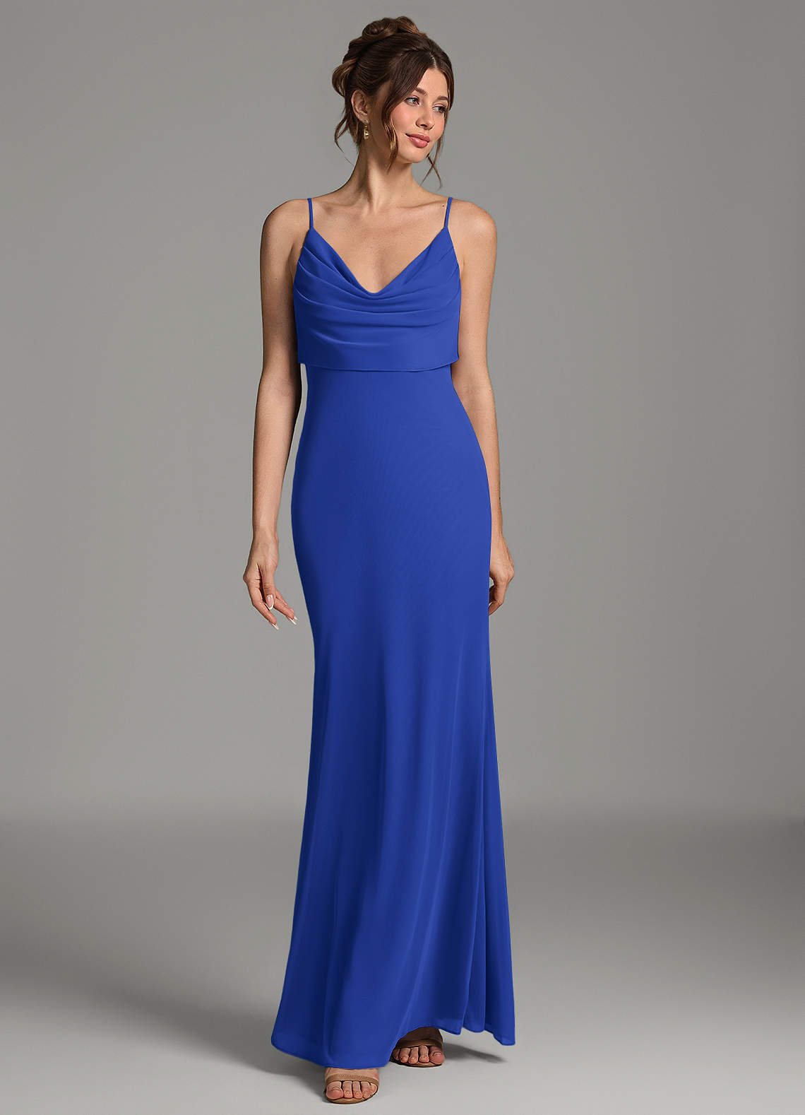 Zari Mermaid Cowl-Neck Mesh Bridesmaid Dress in Royal Blue