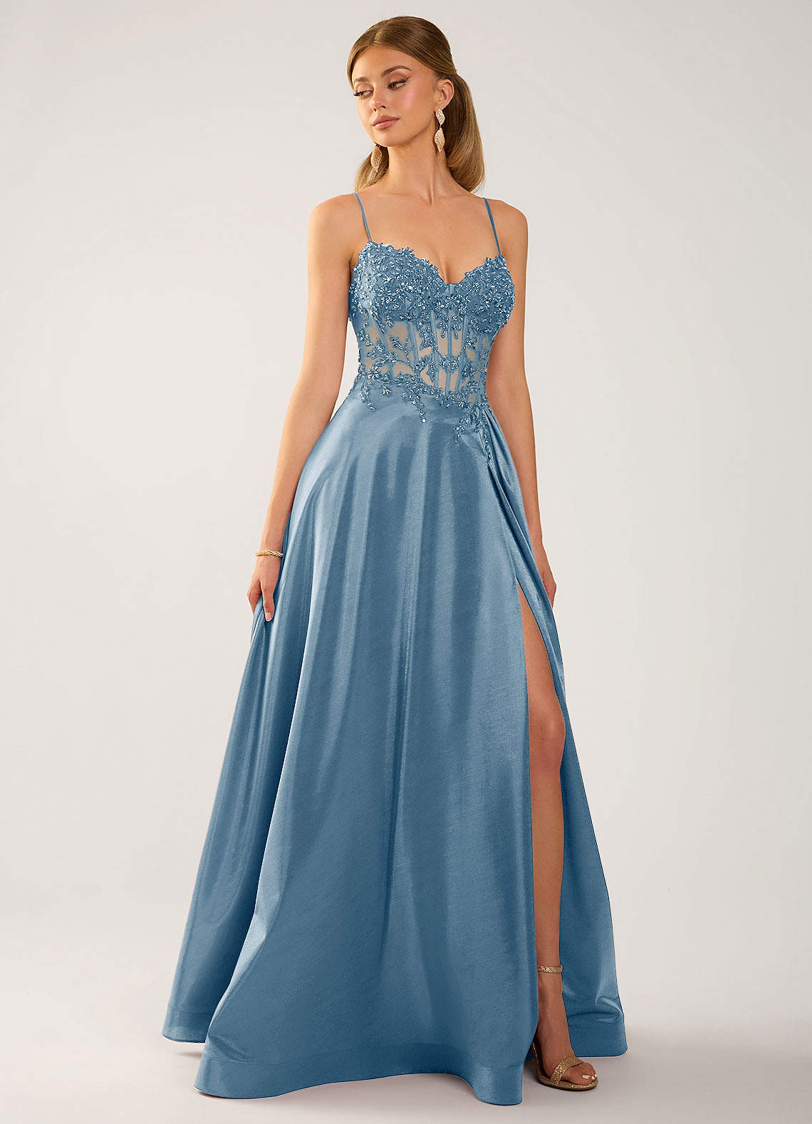 Isoldemark A-Line Sweetheart Satin Evening Dress in dusty blue
