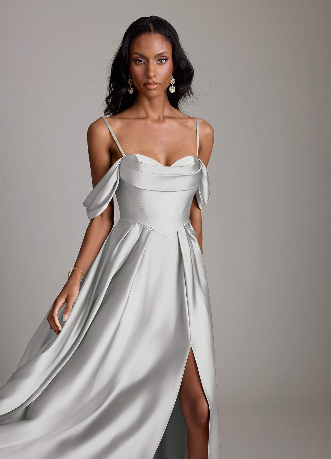 Loisa A-Line Off-the-Shoulder Stretch Satin Bridesmaid Dress in Silver