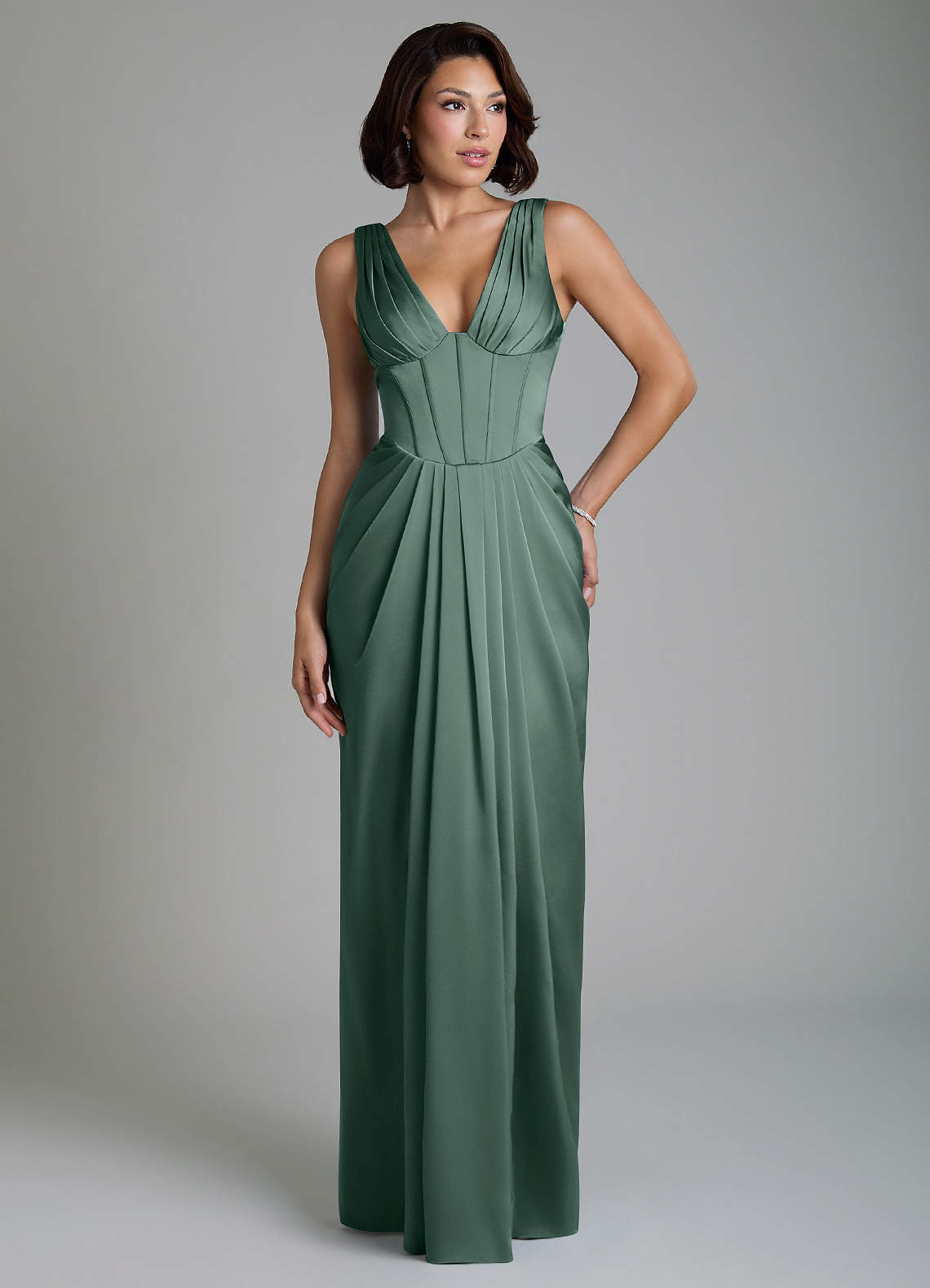 Vanya Sheath V-Neck Stretch Satin Bridesmaid Dress in Sea Moss
