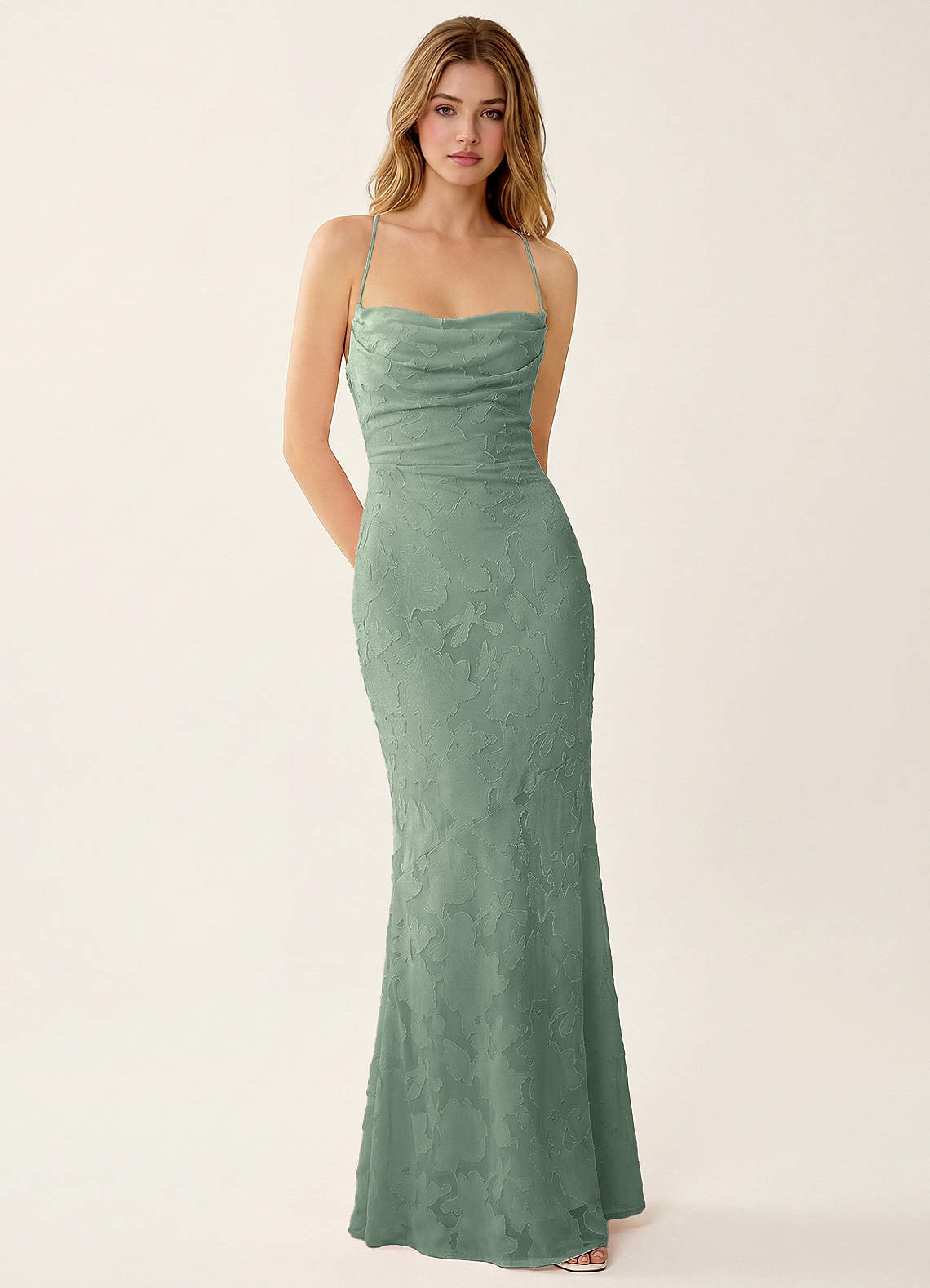 Natasha Mermaid Spaghetti-Strap Floral Burnout Evening Dress in Aloe Green