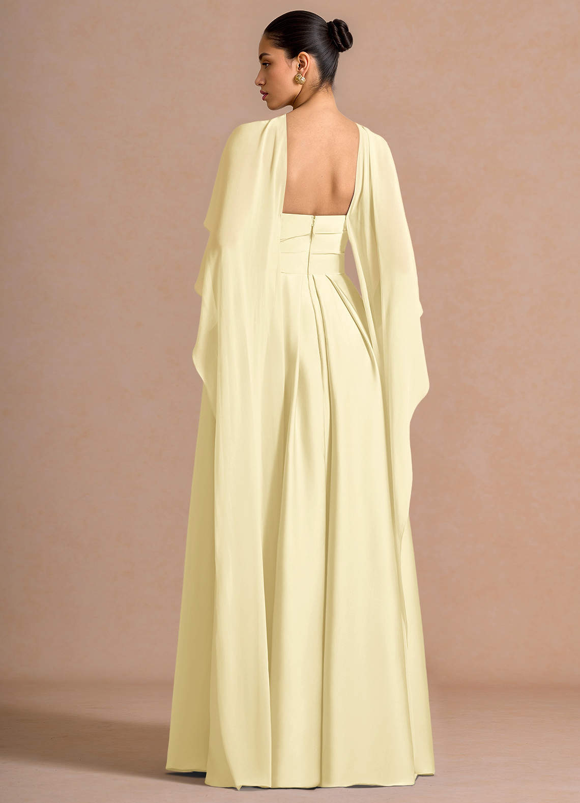 Nancy A-Line V-Neck Stretch Satin and Chiffon Evening Dress in Lemon Sorbet