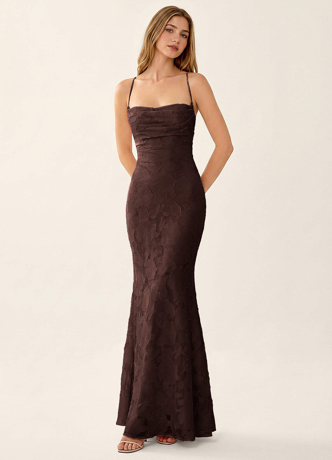 Natasha Mermaid Spaghetti-Strap Floral Burnout Evening Dress in Ganache