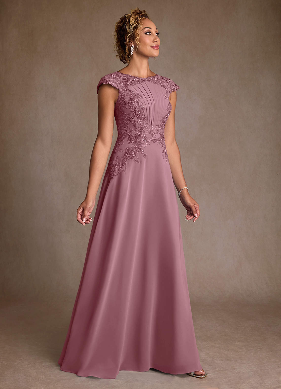 Christi A-Line Scoop-Neck Chiffon and Lace Mother of the Bride Dress in Vintage Mauve