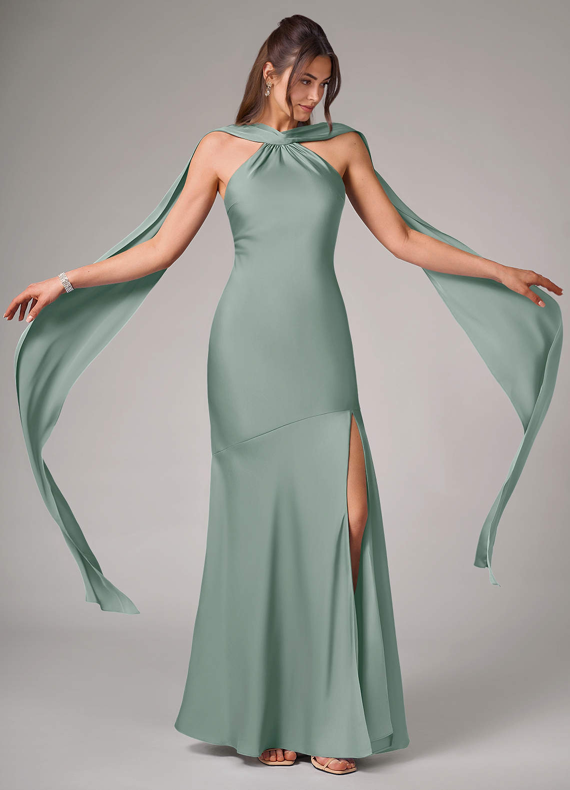 Kinsley Mermaid Halter Stretch Satin Bridesmaid Dress in Silver Sage