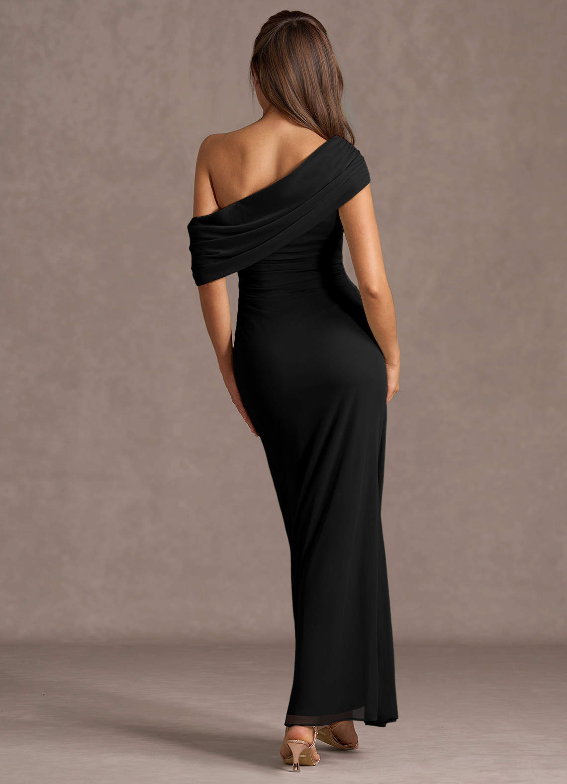Delphira Mermaid One-Shoulder Mesh Wedding Guest Dress in black