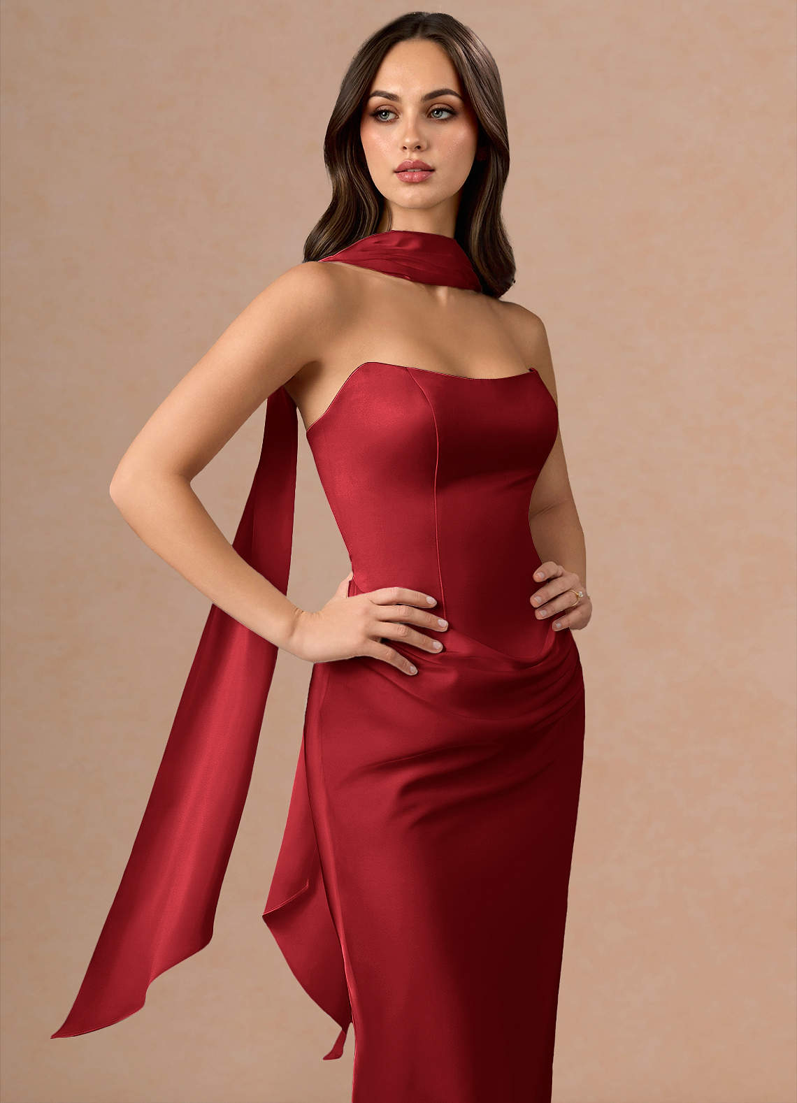 Valencia Scarf Lace-Up Stretch Satin Evening Dress in Cherry Red