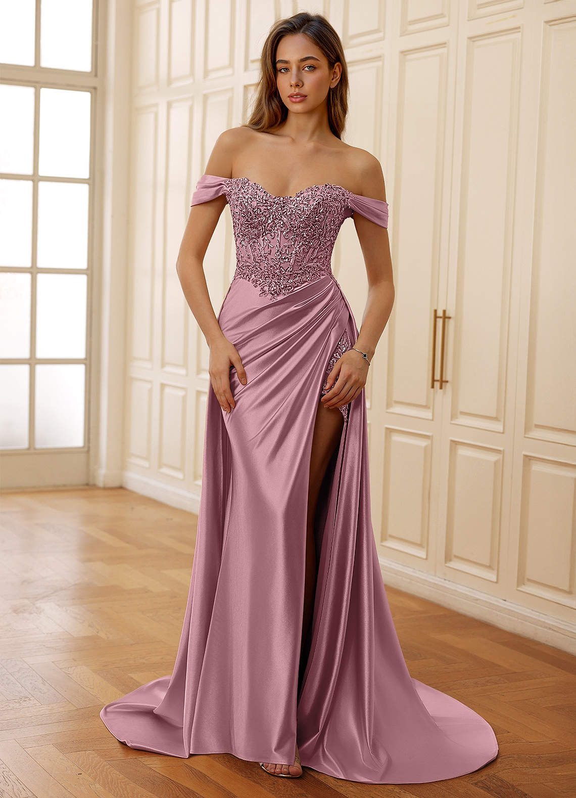 Rowane A-Line Off-the-Shoulder Satin Evening Dress in Dusty Pink
