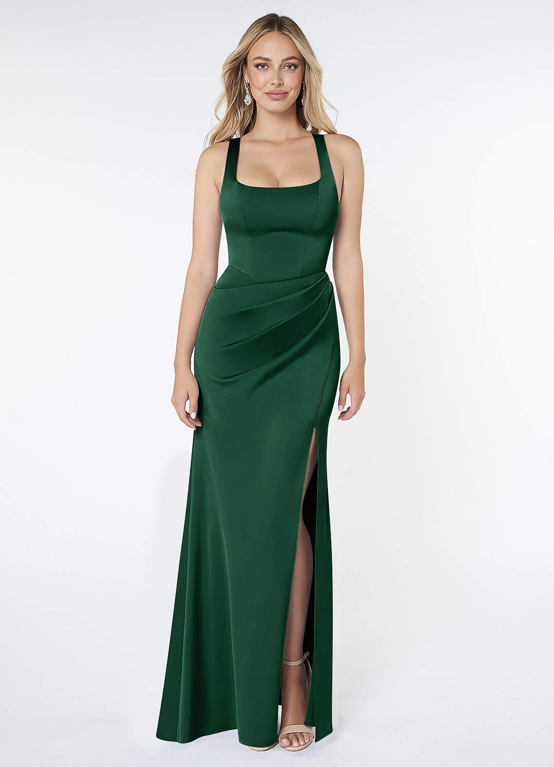 Mero Mermaid Square-Neck Stretch Satin Bridesmaid Dress in Dark Green