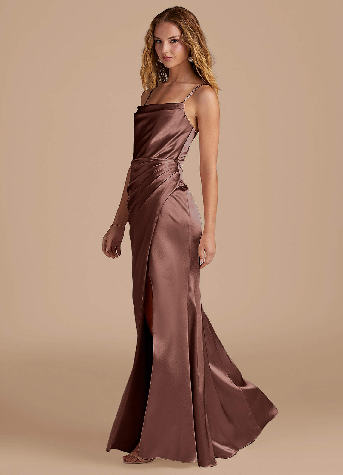 Marzia Mermaid Square-Neck Metallic Satin Bridesmaid Dress in Espresso