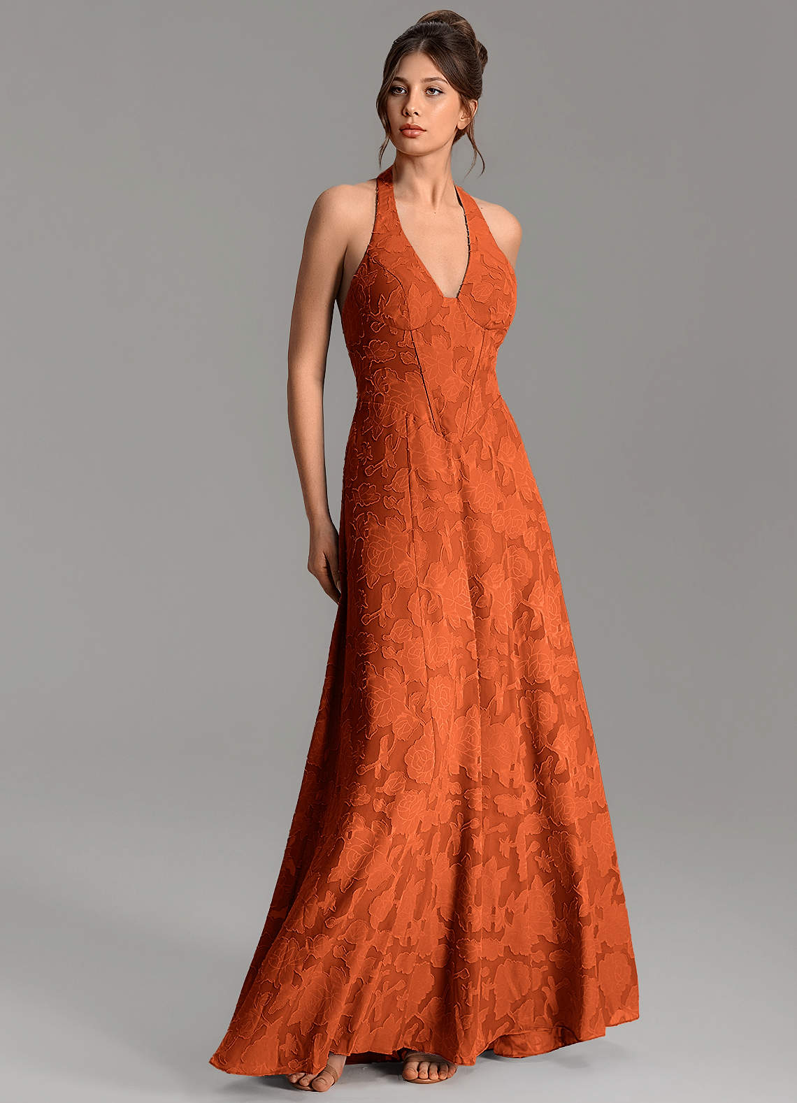 Nia A-Line V-Neck Floral Burnout Bridesmaid Dress in Paprika