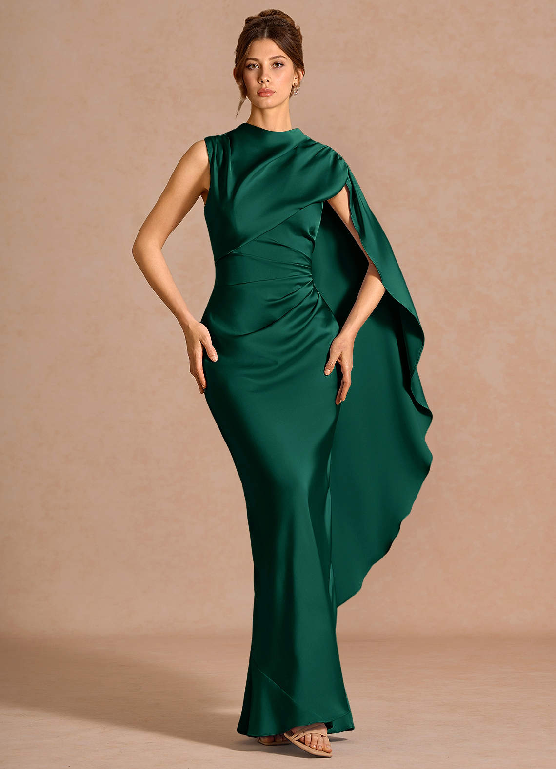Chesney Cape-Sleeve Pleated Stretch Satin Wedding Guest Dress in Hunter Green