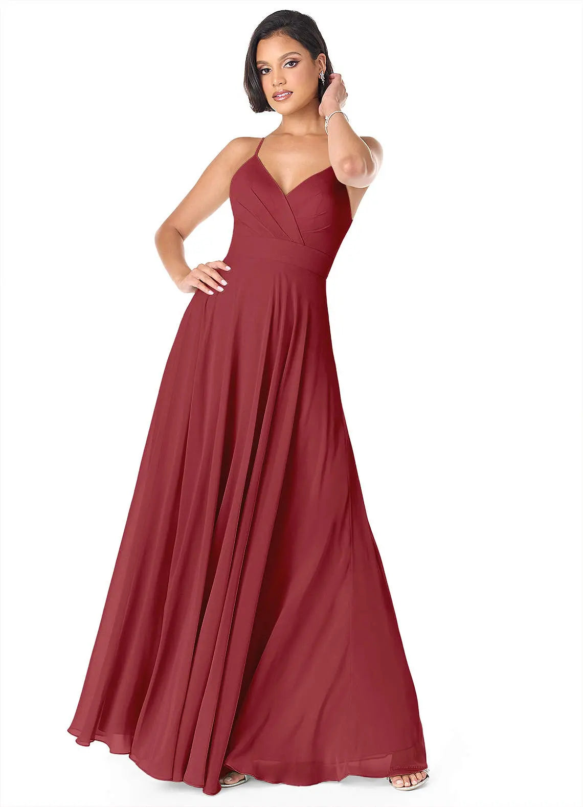 Avelina A-Line V-Neck Chiffon Bridesmaid Dress in Pomegranate