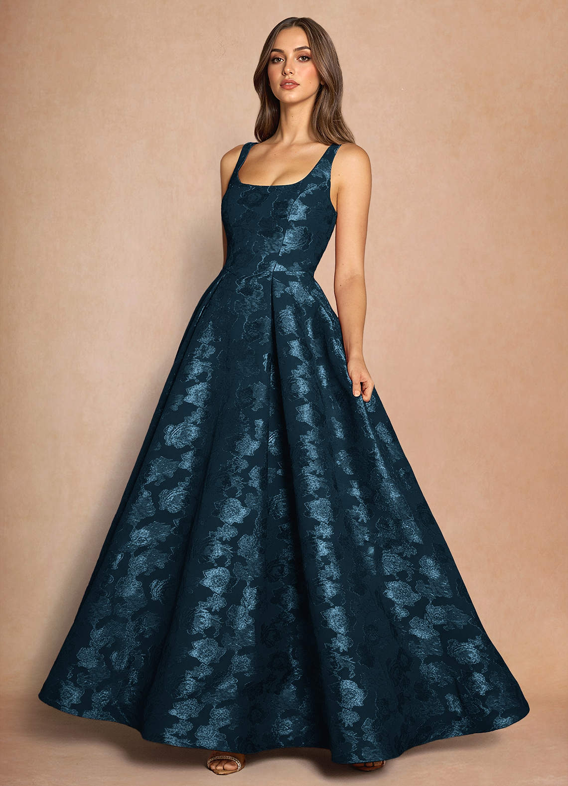 Briac A-Line Scoop-Neck Fil Coupé Evening Dress in Navy