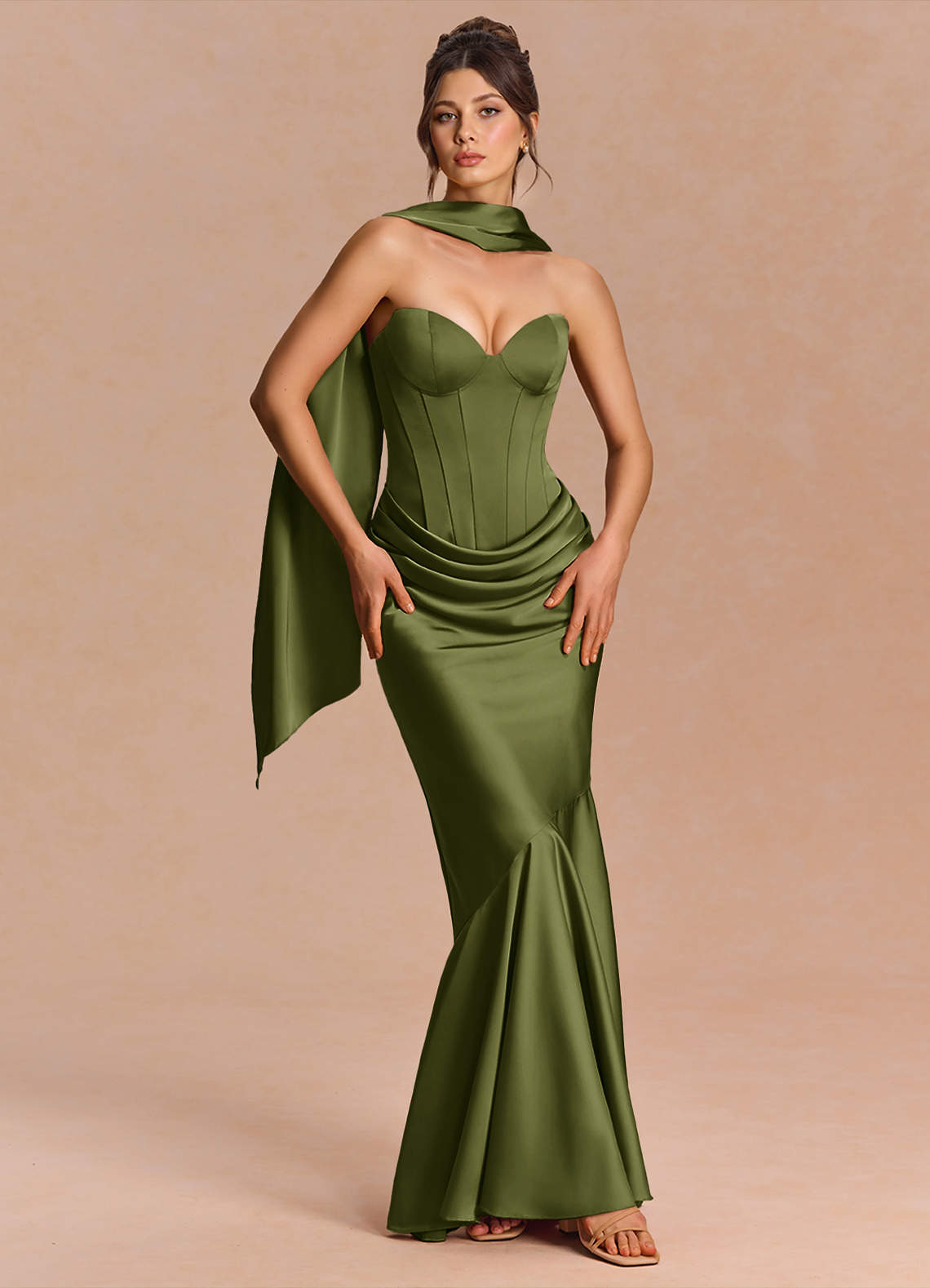 Euphemia Mermaid Strapless Stretch Satin Evening Dress in Olive