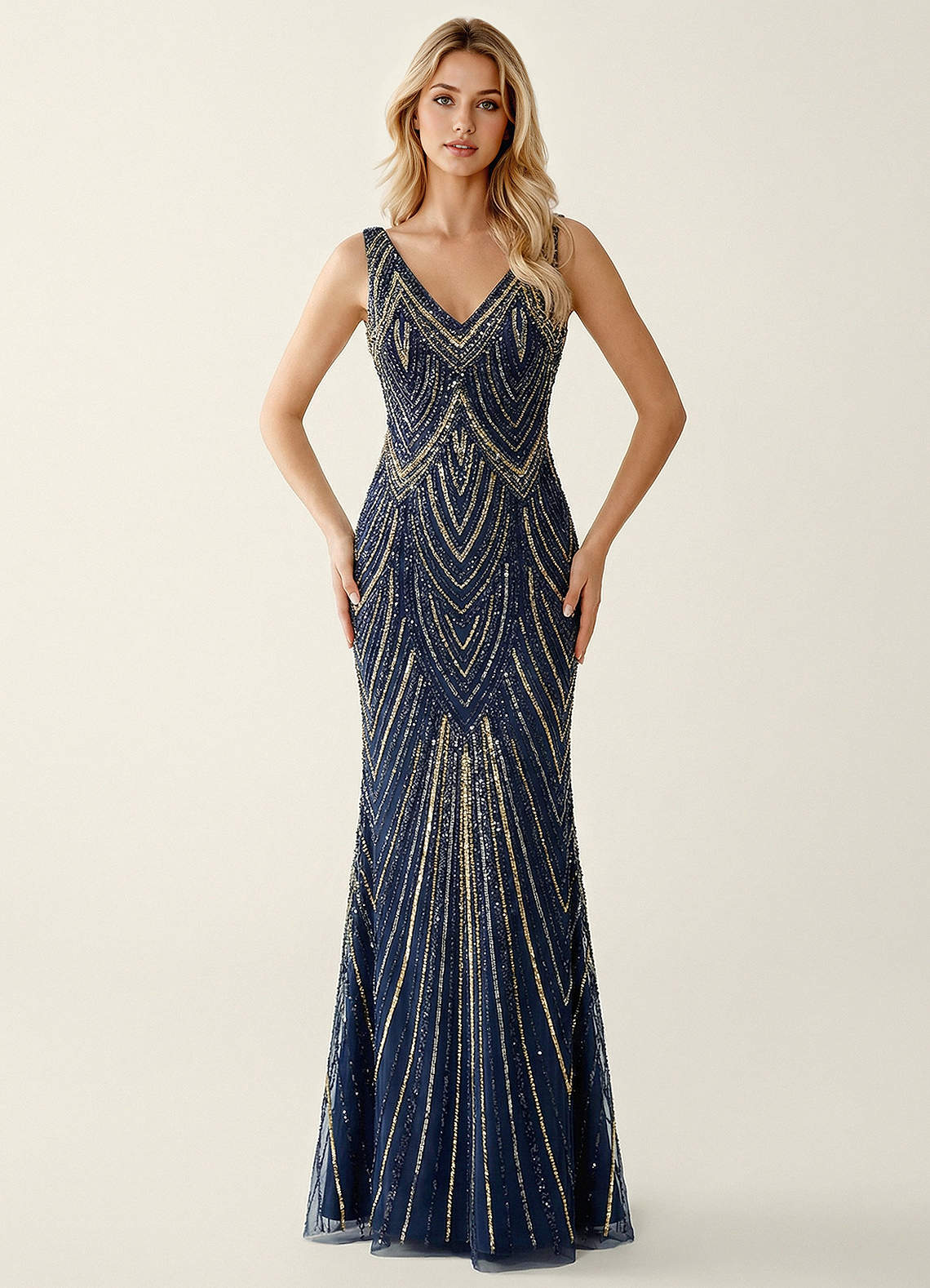 Hazelen Plunging V-Neck Chevron Sequin Tulle Evening Dress in Navy
