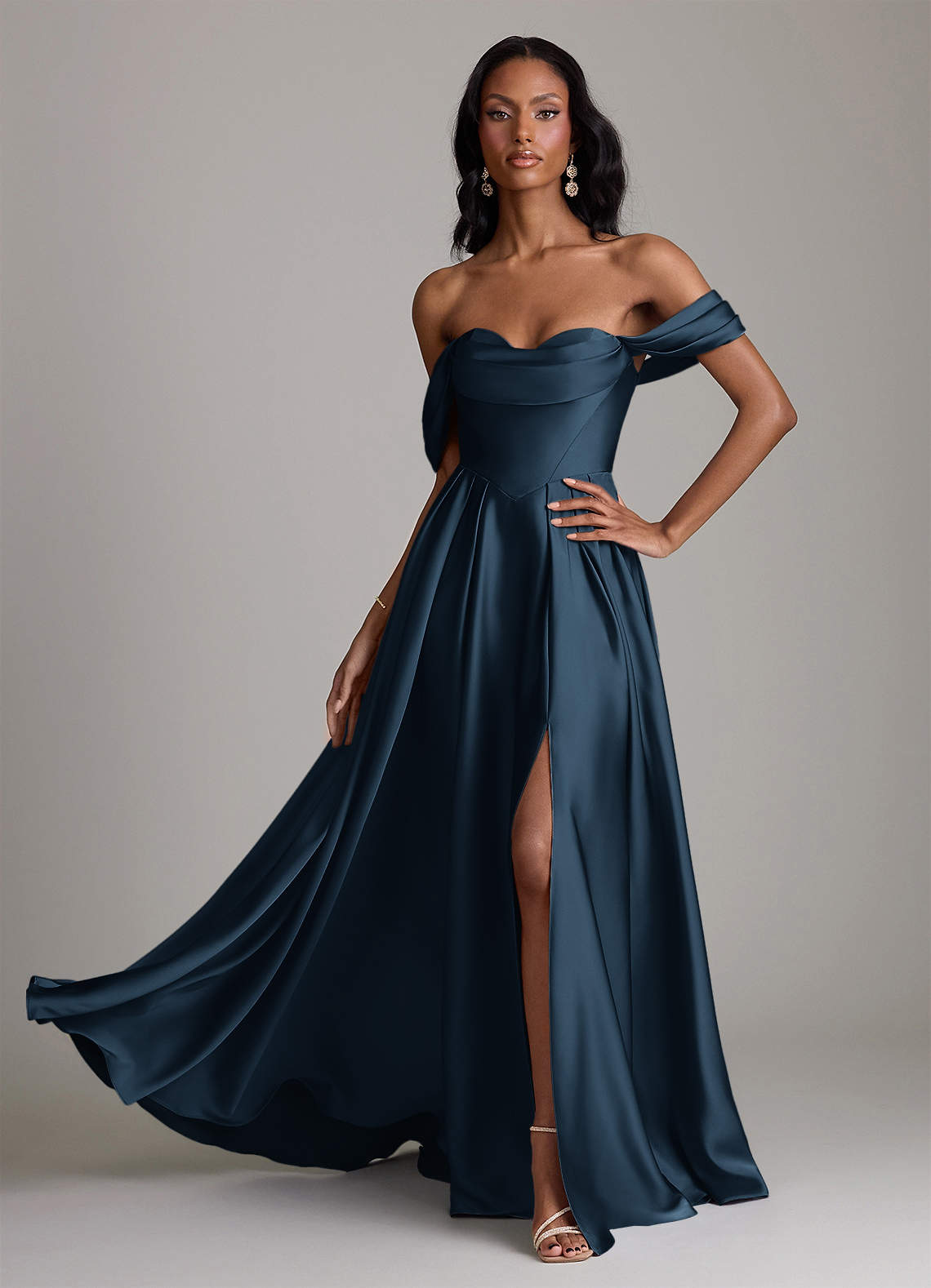 Loisa A-Line Off-the-Shoulder Stretch Satin Bridesmaid Dress in Dark Navy