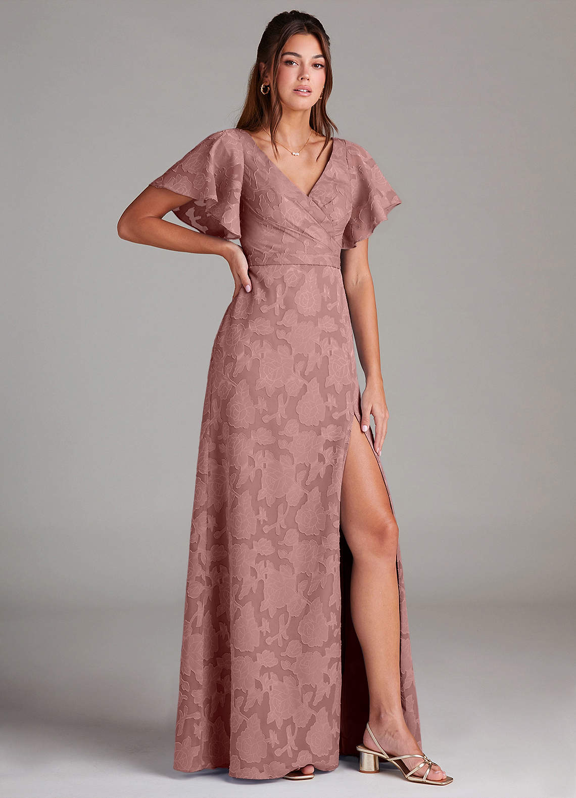 Ambrosia A-Line V-Neck Floral Burnout Bridesmaid Dress in dusty rose