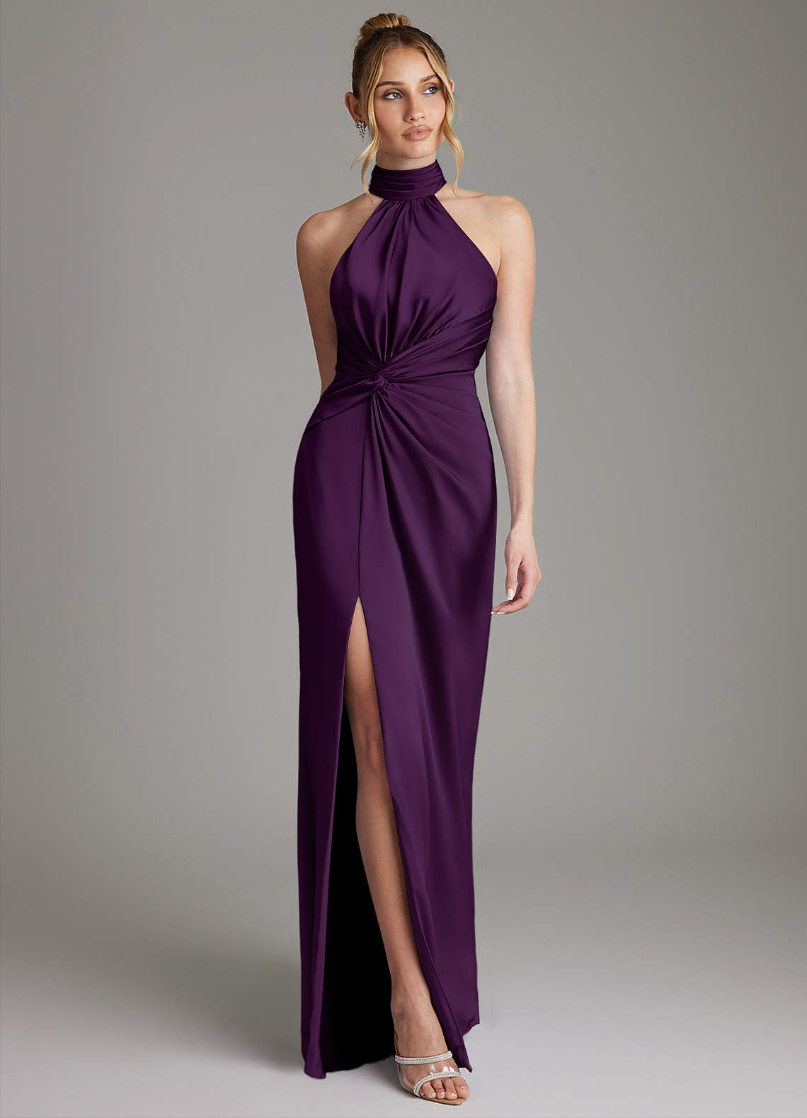 Gracelynn Sheath Halter Stretch Satin Bridesmaid Dress in Grape