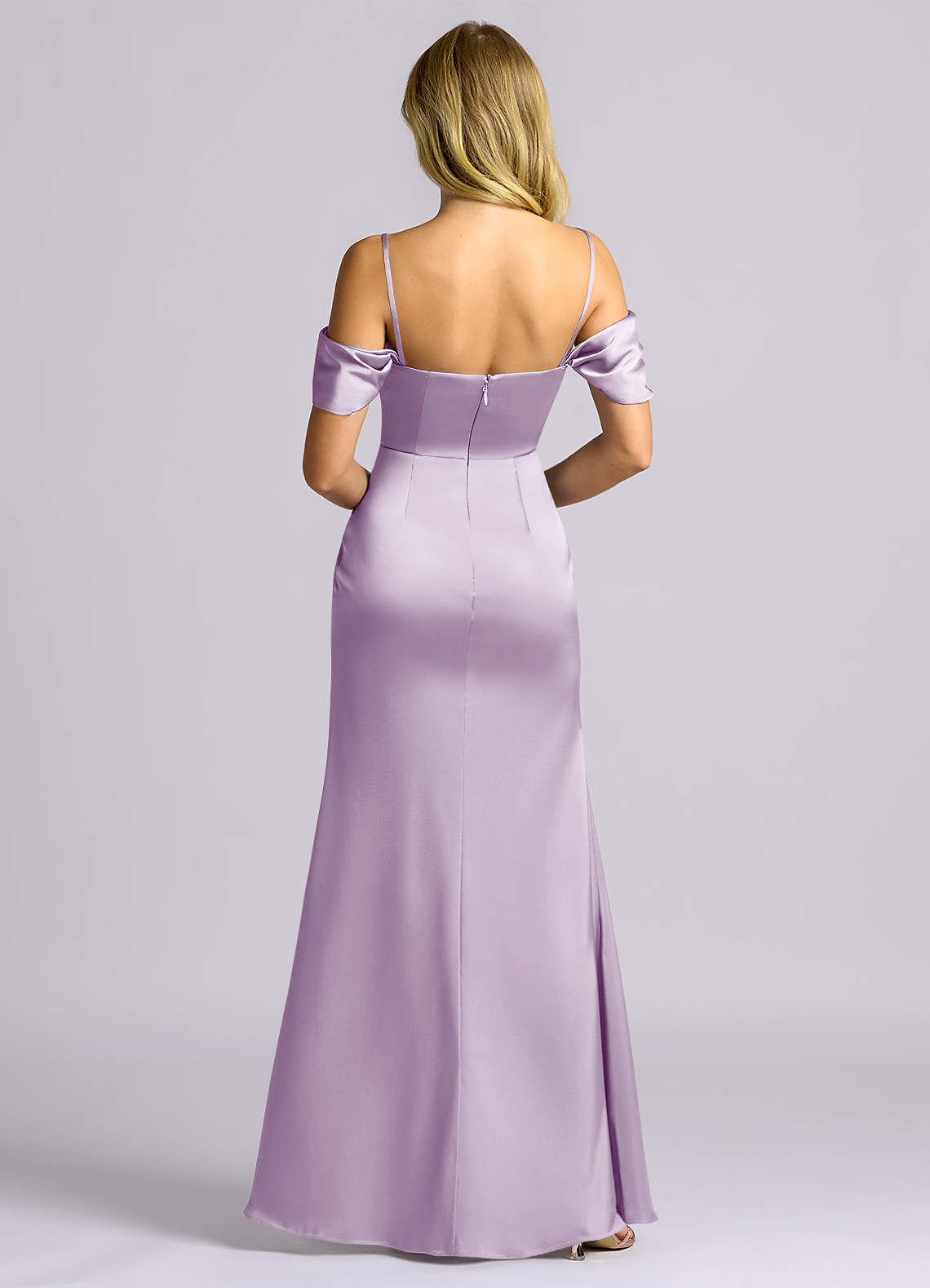 Auden Sheath Off-the-Shoulder Stretch Satin Bridesmaid Dress in Frosted Lilac